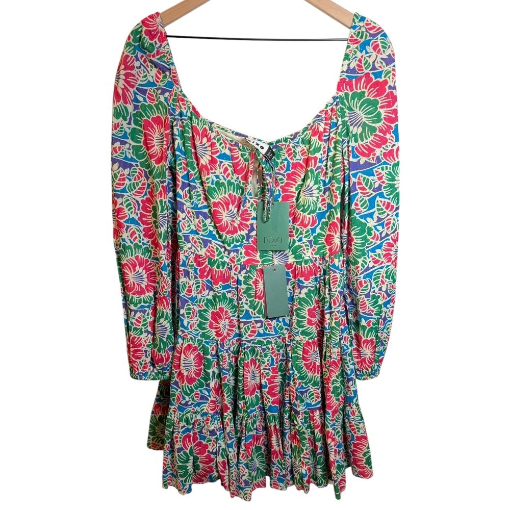RIXO London Roxy Hibiscus Floral Long Sleeve Vacation Mini Dress Sz M NWT Cotton - Picture 2 of 13